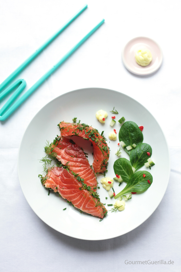 Salmon stewed in gin with herbs dressing with wasabi mayonnaise #recipe # gourmet guerrilla 